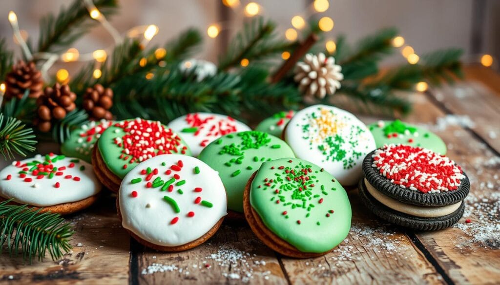 14 Secrets for the Best Oreo Christmas Cookies This Holiday The smell of Oreo cookies baking, mixed with peppermint and powdered sugar, captures holiday joy. As snow falls, the kitchen's warmth wraps you in comfort. The crunch of these treats fills the air, reminding us of cherished traditions. Whether making your grandma's snowball cookies or trying new Oreo recipes, it's about the memories. In this guide, we'll share secrets for the best Oreo Christmas cookies. You'll learn classic recipes and new twists to share with your loved ones. The Magic of Holiday Cookie Traditions The smell of freshly baked cookies fills the air, bringing joy to all. It's the taste of grandma's recipe or decorating cookies with the kids. These treats bring families together, creating lasting memories. Oreo Christmas cookies are a favorite for many. They turn into fun designs like Rudolf or snowmen. These cookies are not just tasty but also beautiful, perfect for sharing. Baking and decorating cookies is a special family time. Little hands add sprinkles or icing, showing pride in their work. These moments are treasured, passed down through generations. Whether it's a cookie swap or baking together, Oreo cookies unite people. They bring joy, nostalgia, and new memories. So, let's start baking and making traditions! "The best way to spread Christmas cheer is singing loud for all to hear... and baking Oreo cookies!" Essential Ingredients for Oreo Christmas Cookies To make the perfect Oreo Christmas cookies, you need a few key ingredients. Start with the classic Oreo cookie as the base. Add full-fat cream cheese for a rich, creamy texture. For holiday flair, add peppermint extract, crushed candy canes, or colorful sprinkles. Base Ingredients Oreo cookies (about 36 cookies per package) Cream cheese (one 8-oz package, full-fat) High-quality white chocolate chips or melting wafers Special Holiday Add-ins Peppermint extract (for a minty flavor) Crushed candy canes or peppermint candies Red and green sprinkles or jimmies Recommended Brands and Substitutions For the best results, use classic Oreo cookies and full-fat cream cheese. Choose high-quality white chocolate like Ghirardelli or Alpino. If you have dietary restrictions, use dairy-free cream cheese and vegan white chocolate chips or melts. Ingredient Recommended Brand Substitution Oreo Cookies Nabisco Oreo Different Oreo flavors Cream Cheese Philadelphia Cream Cheese Dairy-free cream cheese White Chocolate Ghirardelli, Alpino Vegan white chocolate chips or melts By using high-quality ingredients and festive touches, you can make delicious Oreo Christmas cookies. They will delight your friends and family. Basic Techniques for Perfect Cookie Assembly Learning to assemble Oreo Christmas cookies is key to making a festive treat. It must look good and taste great. The secrets to perfect assembly are easy to learn. Begin by crushing Oreos finely in a food processor. This makes a smooth base for your cookies. Then, melt chocolate in a double boiler. Be careful not to burn it. Use a food processor to finely crush Oreo cookies into a uniform crumb. Melt your chocolate using a double boiler method, carefully monitoring the temperature to prevent seizing. Invest in cookie scoops to ensure even-sized cookies for a professional, consistent appearance. Using cookie scoops to portion your dough is the final step. It makes your cookies even and perfect. With these oreo cookie assembly and christmas cookie techniques, you'll make the best Oreo Christmas cookies this year. Creative Decorating Ideas for Festive Appeal Add holiday cheer to your Oreo Christmas cookies with creative ideas. Try festive colors and edible decorations to make them shine on the dessert table. Holiday Color Schemes Go for a classic Christmas look with red and green. Dip cookies in white chocolate and top with crushed candy canes or green sprinkles. Or, choose a winter wonderland theme with pale blue or silver chocolate and edible silver dragees or snowflake sprinkles. Edible Decorations Make your Oreo Christmas cookies festive with edible decorations. Pipe on red or green icing to look like Christmas tree ornaments. Add crushed peppermint candies or mini chocolate chips for a fun crunch. Use tiny marshmallows to create cute snowmen. Design Patterns Get creative and design patterns on your cookies. Use melted chocolate in a piping bag to draw snowflakes, stockings, or Santa hats. Try zig-zag or swirling patterns for a stunning look. https://youtube.com/watch?v=WV7JVx7aXFo With creative decorating, your Oreo Christmas cookies will be holiday treats that wow your guests and spread cheer. No-Bake Oreo Christmas Cookies Variations This holiday season, surprise your loved ones with no-bake Oreo Christmas cookies. They're easy to make and don't need an oven. Learn how to make Oreo truffles, bark, and snowballs for your holiday parties. Festive Oreo Truffles Enjoy rich, creamy Oreo truffles shaped like pinecones. Crush chocolate sandwich cookies and mix with cream cheese for a delicious filling. Coat them in melted chocolate and add toppings like Chocos cereal or chocolate shavings. These treats are perfect for cookie exchanges and gifts. Oreo Bark Bites Try Oreo bark for a quick holiday dessert. Melt white and dark chocolate, then mix in crushed Oreos. Spread it on a baking sheet, let it set, and break it into pieces. This recipe is great for trying different Oreos and toppings. Snowball Oreo Truffles Make Oreo snowball truffles for a winter wonderland feel. Blend Oreos and cream cheese, shape into balls, and coat in white chocolate. Dust with powdered sugar for a snowy look. These treats are great for holiday sharing. These no-bake Oreo Christmas cookie variations are easy and festive. Impress your guests with these simple, yet impressive, desserts. Tips for Working with White Chocolate Coating Working with white chocolate is key for making tasty Oreo Christmas cookies. Whether you're dipping or drizzling, knowing how to melt and control temperature is crucial. This ensures a smooth, perfect coating. Melting Techniques There are two ways to melt white chocolate: using a double boiler or the microwave. For the double boiler, heat water in the bottom pan and place a bowl with white chocolate on top. Stir until it's smooth. Or, melt it in the microwave, stirring every 30 seconds to avoid overheating. Temperature Control Keeping the right temperature is essential. The ideal range is 95°F to 113°F. If it's too hot, the chocolate will seize. If it's too cold, it will thicken. Monitor the temperature closely to achieve the perfect consistency. Troubleshooting Common Issues Grainy texture: This can happen if the chocolate gets too hot or is overworked. Adding a bit of vegetable oil or shortening can help smooth it out. Chocolate won't set: If the chocolate doesn't set, it might not be tempered enough. Let the coated cookies cool completely before handling or packaging. Streaking or discoloration: These issues can arise from temperature problems or moisture. Work quickly and keep everything dry to avoid them. Mastering white chocolate techniques will help you make stunning Oreo Christmas cookies. Focus on temperature control and solve any problems that come up for the best results. Storage and Make-Ahead Guidelines Keeping your homemade Oreo Christmas cookies fresh is crucial. To keep them crisp or soft, follow these storage tips: Put cookies in airtight containers or resealable bags to keep them fresh. Use parchment paper between layers to avoid sticking. For the longest freshness, store cookies at room temperature for up to 5 days. Refrigeration can make them soft and stale faster. Some cookies, like the Double Chocolate Oreo Bark, can be frozen for 2-3 months. Let them thaw at room temperature before eating. Crisp cookies, like the Easy Christmas Shortbread Cookies, stay best in airtight tins. Soft cookies do well in resealable bags. Follow these easy storing christmas cookies and make-ahead holiday treats tips. Enjoy your Oreo Christmas cookies all season long. Bake ahead, store right, and enjoy the festive taste whenever you want! Kid-Friendly Cookie Making Activities Baking cookies with your little ones is a fun way to make holiday memories. Let them help and explore their creativity. They can crush Oreos or decorate their own cookies, making the experience fun and meaningful. Safe Tasks for Children Give your kids tasks that fit their age. Young ones can measure, mix, or roll dough. Older kids can use cookie cutters or spread frosting. Always watch them and guide them as needed. Family Bonding Opportunities Baking cookies together is great for bonding. Let your kids share their ideas and decorate the cookies. Play holiday music and enjoy hot cocoa together. This special time will create memories and traditions for your family. Creative Expression Ideas Let your kids design their own unique cookie shapes using cookie cutters or by freehand cutting the dough. Experiment with different color schemes and decorative elements, such as sprinkles, edible glitter, or mini chocolate chips. Inspire them to invent new flavor combinations by adding their favorite candies, nuts, or dried fruits to the dough. Letting your kids help with cookies boosts their creativity and strengthens family bonds. It's a chance to make lasting memories and let their imaginations shine through their festive creations. Holiday Gifting and Packaging Ideas Turn your Oreo Christmas cookies into beautiful gifts for your loved ones. You can use holiday tins, cellophane bags with colorful ribbons, or custom cookie boxes. These options make your homemade treats look great. For a beautiful look, place your cookies on a rustic wooden platter or an elegant ceramic dish. Add fresh evergreen sprigs, cinnamon sticks, and powdered sugar for a winter wonderland feel. These displays are perfect as hostess gifts or holiday decorations. When sending cookies to friends and family, use strong packaging to keep them safe. Choose airtight containers, padded mailers, or special cookie boxes. Include a personalized note or holiday card to make it extra special. Whether for parties, teacher gifts, or stocking stuffers, how you present them matters. Use holiday-themed wrapping paper, festive ribbons, and creative tags. This way, your cookies become christmas cookie gifts that everyone will love. With a bit of creativity, your Oreo Christmas cookies will be the highlight of any event. Enjoy the fun of cookie packaging and let your baked goods be the star of any celebration. Conclusion Follow the tips and techniques in this article to make perfect Oreo Christmas cookies. They will surely impress your family and friends. You now know how to make these festive treats easily. Holiday baking is about making memories, not just the cookies. Whether you make traditional sugar cookies or unique Oreo ones, it's a special tradition. It's something you can share with your family for years to come. Don't be shy to try new things and make your Oreo Christmas cookies special. Enjoy the holiday spirit and have fun baking. Let the smell of these delicious cookies fill your home with warmth. Happy baking, and may your cookies be the highlight of many celebrations! FAQ What are the essential ingredients for making Oreo Christmas cookies? To make Oreo Christmas cookies, you need Oreo cookies, cream cheese, and white chocolate. You can also add peppermint extract, colored sprinkles, or crushed candy canes for a holiday touch. What tips can I follow for assembling Oreo Christmas cookies? For assembling, crush the Oreos finely and melt the chocolate right. Use a food processor and cookie scoops for even results. How can I decorate Oreo Christmas cookies to make them stand out? Decorate with festive colors and edible decorations like sugar snowflakes or mini chocolate chips. Use colored icing or melted chocolate for patterns. What are some easy no-bake variations of Oreo Christmas cookies? Easy no-bake versions include Oreo truffles, Oreo bark, and Oreo snowballs. They involve crushing Oreos, mixing with cream cheese, and coating in melted chocolate. How can I properly work with white chocolate for coating Oreo Christmas cookies? Use a double boiler or microwave to melt white chocolate. Keep it at the right temperature to avoid problems. Troubleshoot issues like grainy texture or chocolate not setting. How can I store Oreo Christmas cookies to maintain freshness? Store them in airtight containers with parchment paper between layers. Know which ones can be made ahead and frozen. Learn how to thaw them properly. How can I involve children in the Oreo Christmas cookie-making process? Kids can help with crushing Oreos, rolling cookie balls, or decorating with sprinkles. It's a fun way to bond and make holiday memories. Oreo Christmas cookies